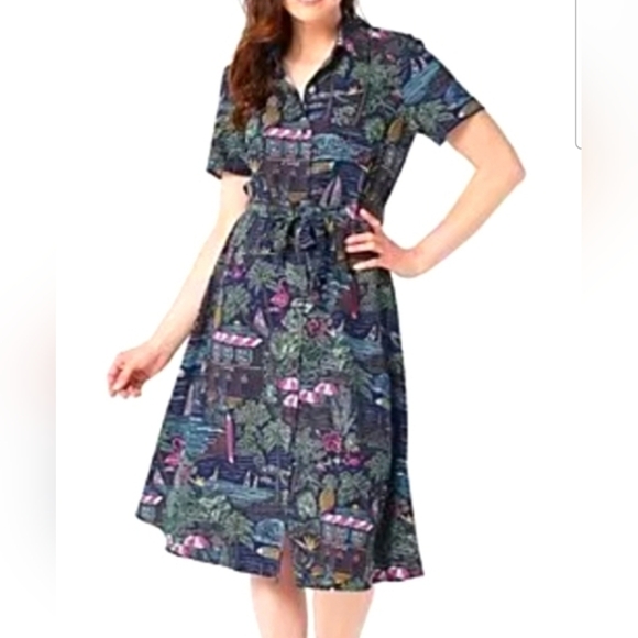 d&co Dresses & Skirts - D&Co Denim And Company Tropical Print Midi Tie Belt Shirt Dress Size 1X